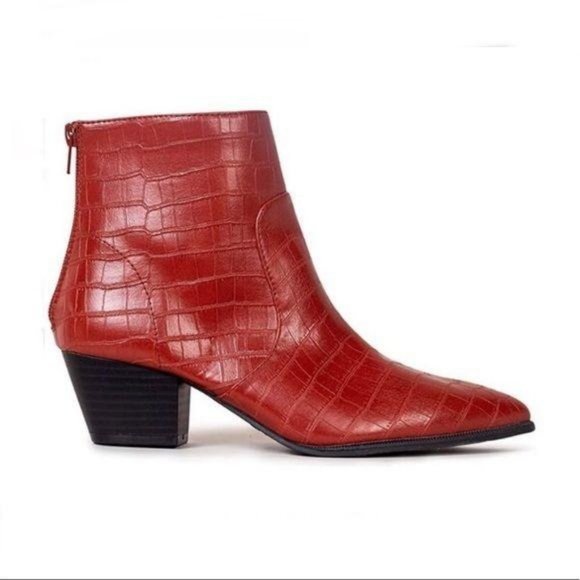 Pointed Toe Embossed Crocodile Booties - Brick Red - Picture 2 of 4